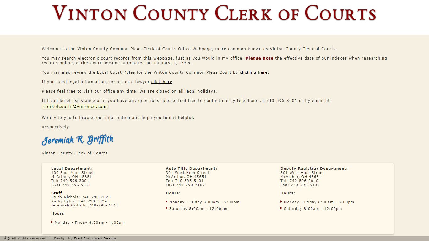 Clerk of Courts, Vinton County Ohio, Jeremiah R. Griffith